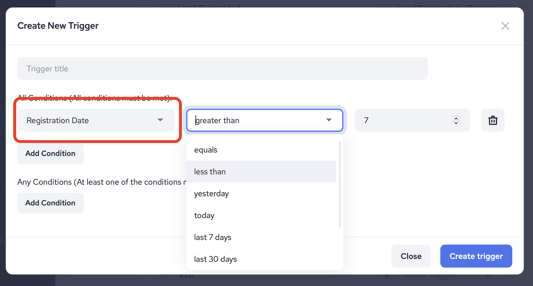 'Registration Date' Condition in Pipeline Trigger Pop-up